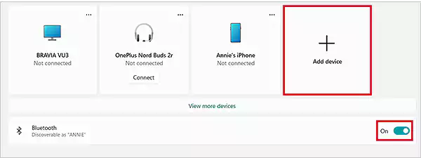 Toggle on the button placed next to “Bluetooth” and click on “+ Add Device”